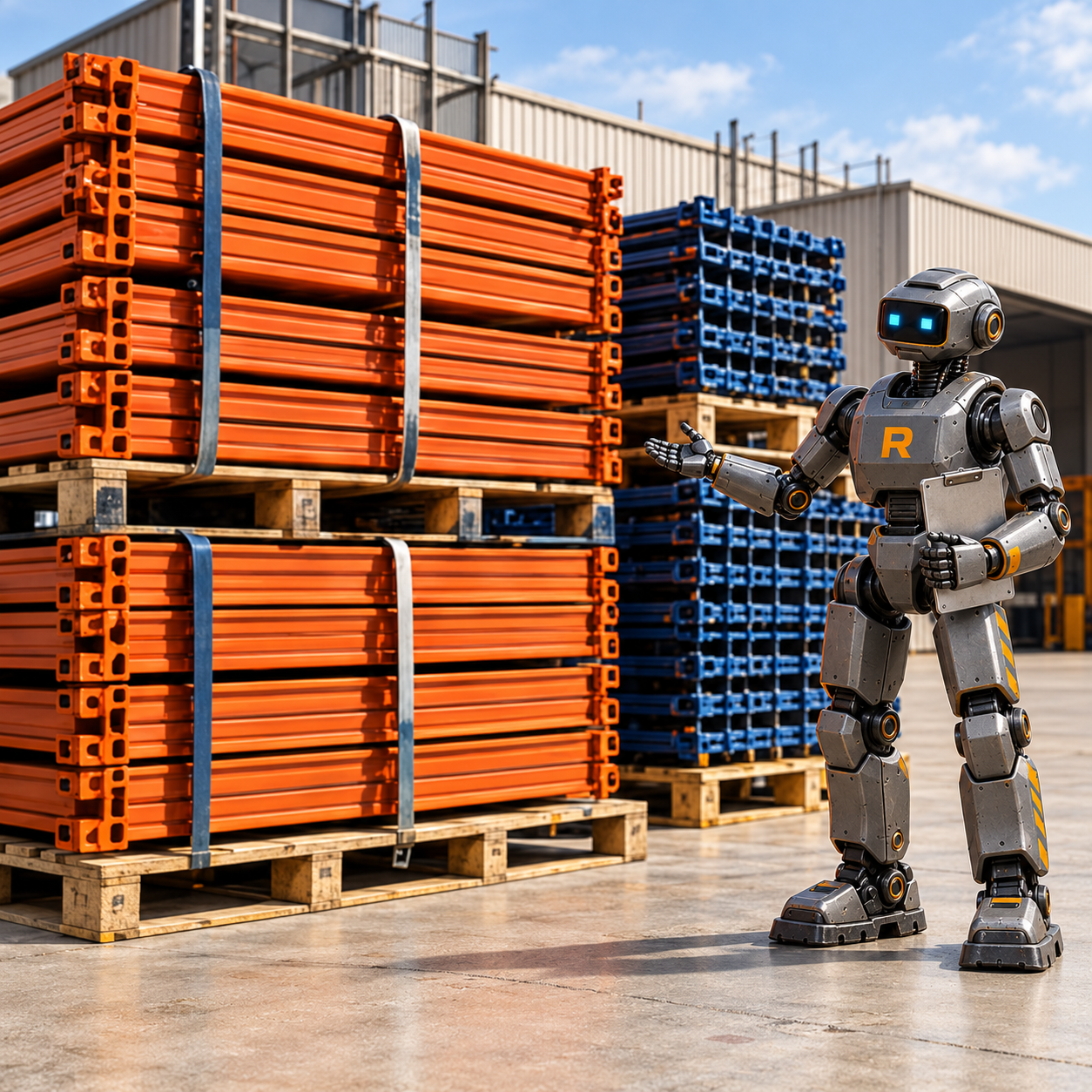 Paletlere düzenli istiflenen raf parçalarını tanıtan gümüş Rafmaksan robotu