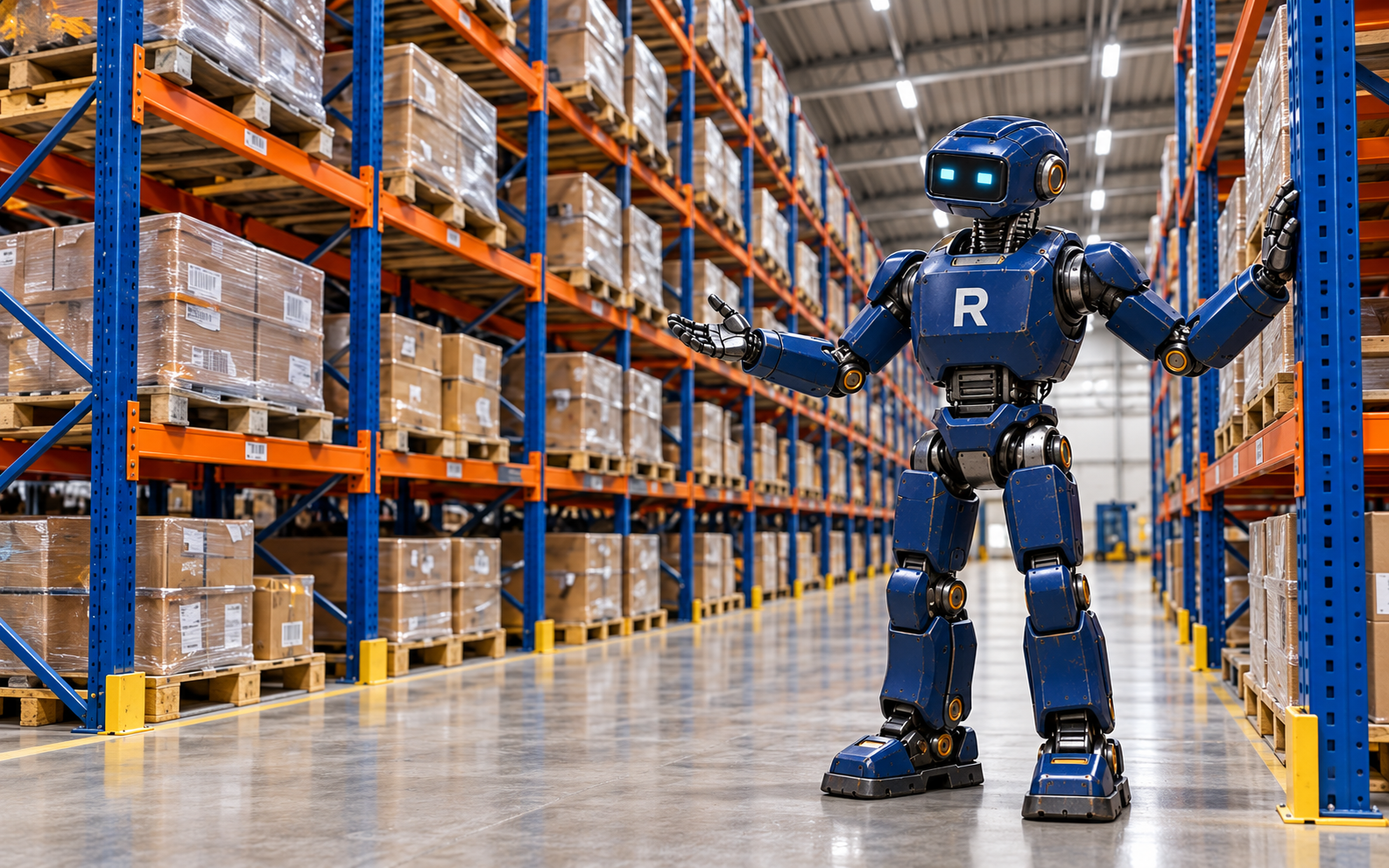 Ağır yük raflarının yanında poz veren lacivert Rafmaksan robotu