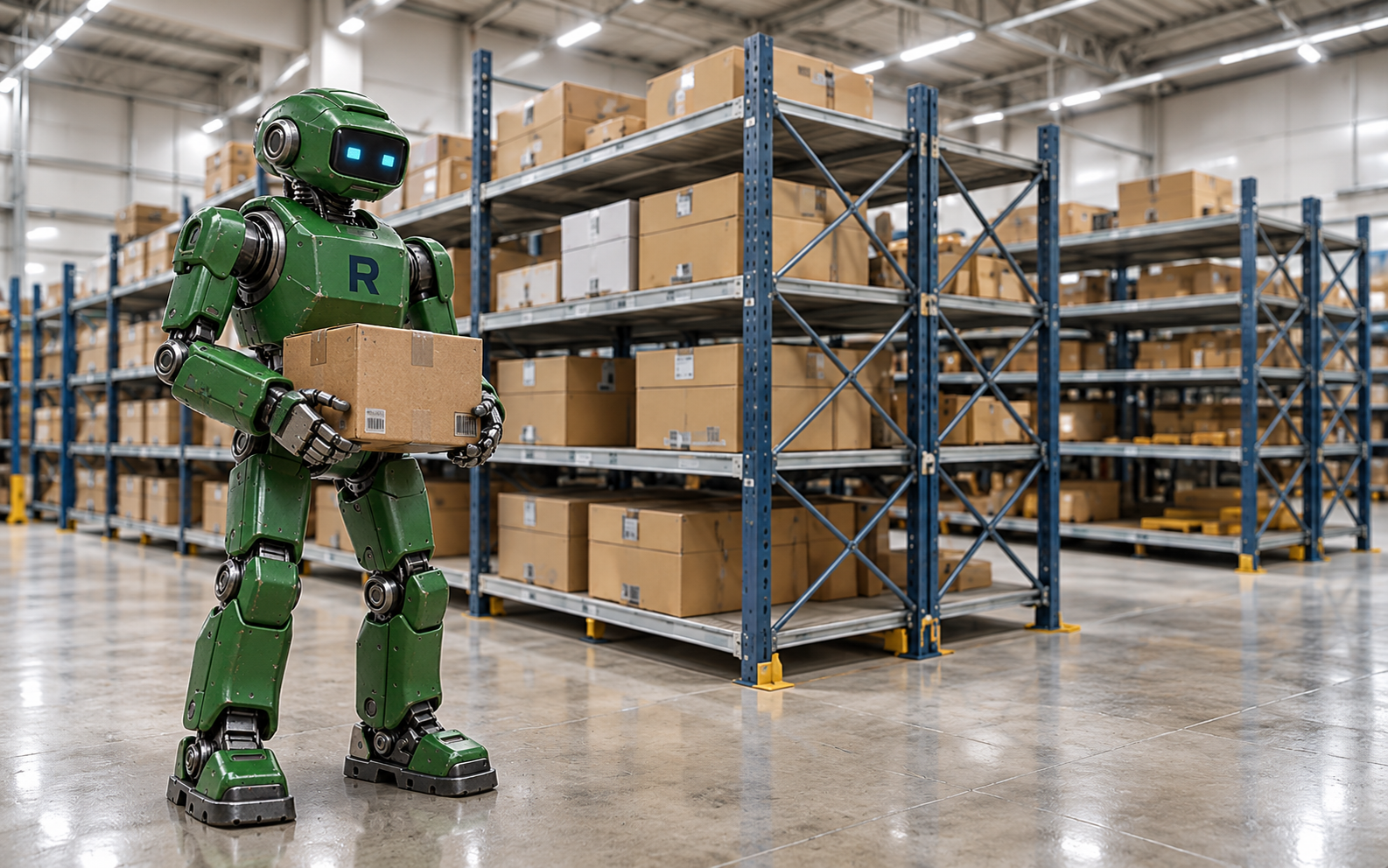 Hafif yük raflarının yanında kutu tutan yeşil Rafmaksan robotu