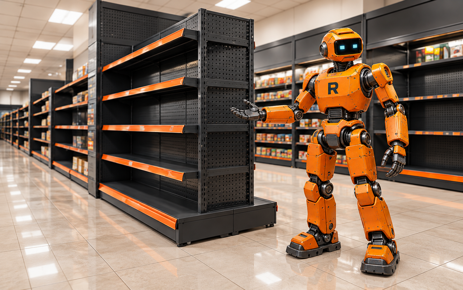 Market raflarını sunan turuncu Rafmaksan robotu