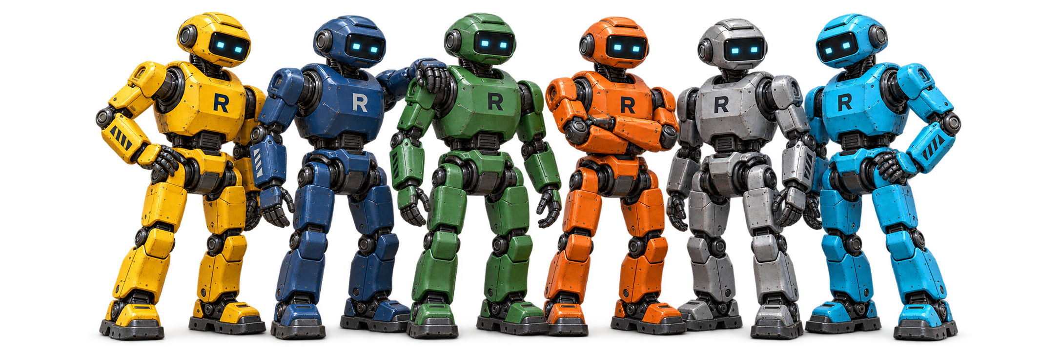 Rafmaksan robot ekibi: sarı, lacivert, yeşil, turuncu, gümüş ve mavi